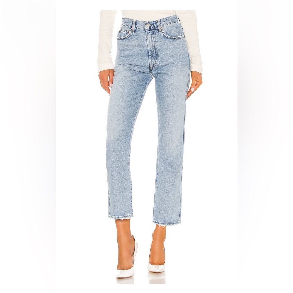 Pinch Waist High-Rise Straight Leg Women's Jeans in Light Blue